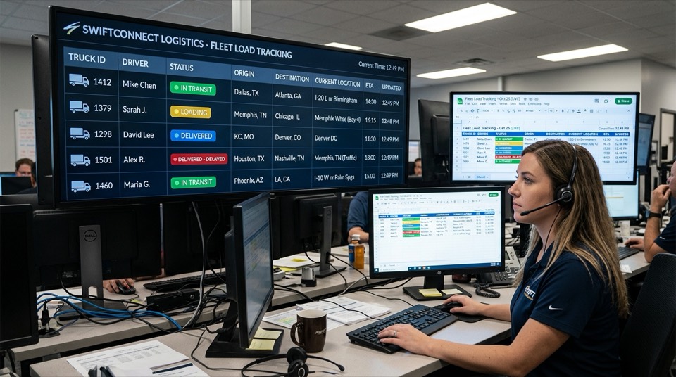 Dispatcher monitoring a live fleet load tracking board