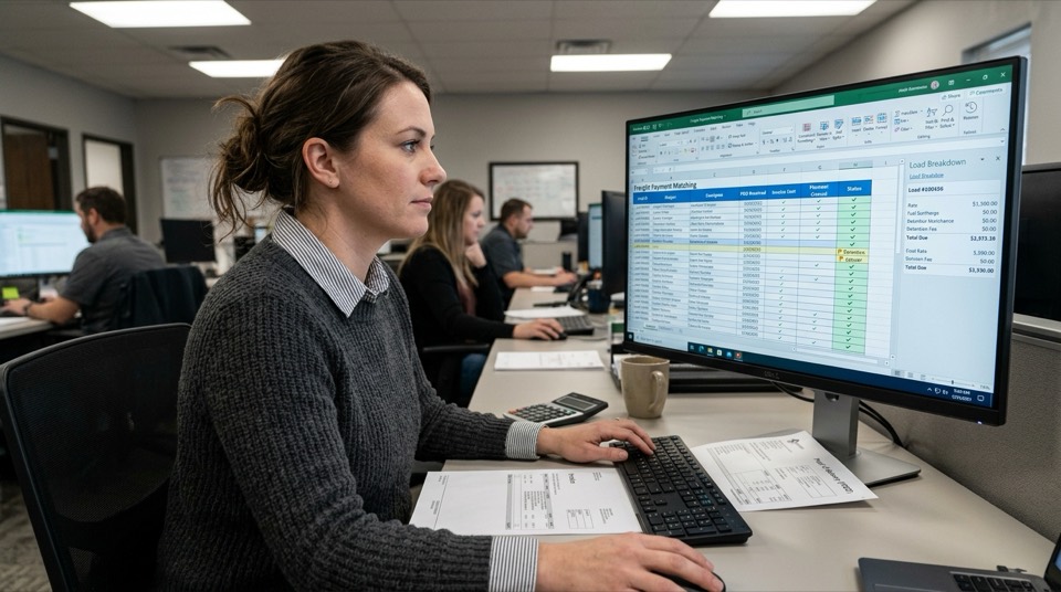 Back-office worker reconciling freight payments in a sheet