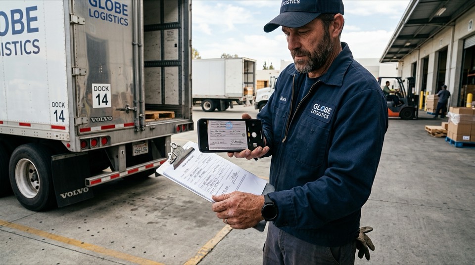 Driver photographing a signed POD on a clipboard